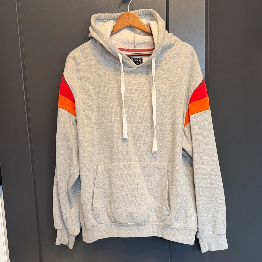 Juniper Gray Hoodie with Red and Orange Stripes